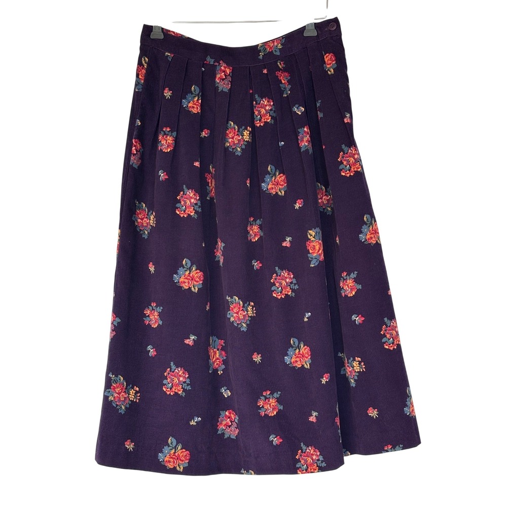 Vintage 90's Purple Floral Corduroy Pleated‎ Midi Skirt Sz 8 Cottagecore